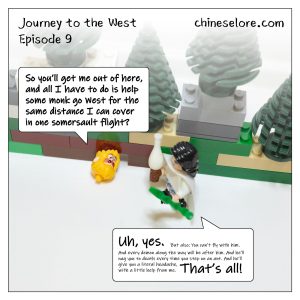 A Legos scene depicting a conversation between Guanyin and Sun Wukong about freeing him from under the mountain.