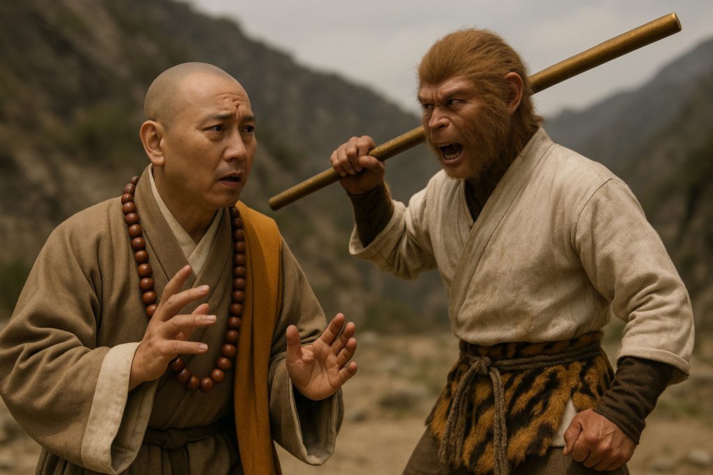 AI-generated image of a scene where Sun Wukong is arguing with San Zang