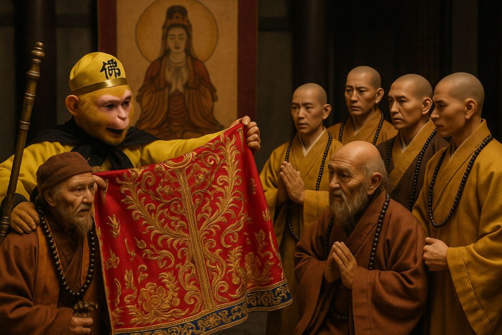 An AI-generated image of Sun Wukong showing off his master's cassock to the monks at the Guanyin Monastery.